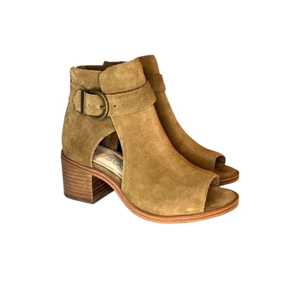 Sole Society Caramel Suede Peep Toe Cutout Booties Size 5.5 Block Heel